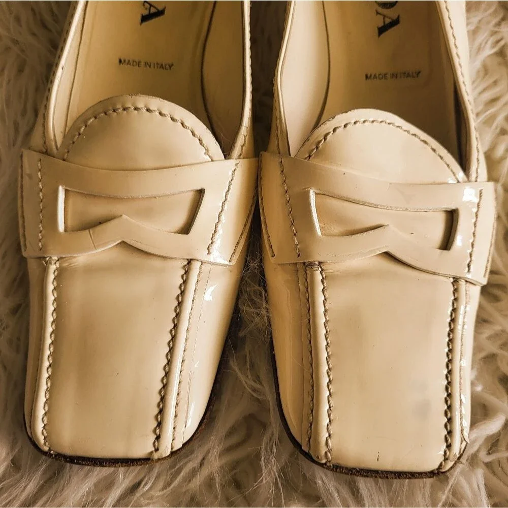 Vintage Prada Ivory Patent Leather Square-Toe Loafers Size 37